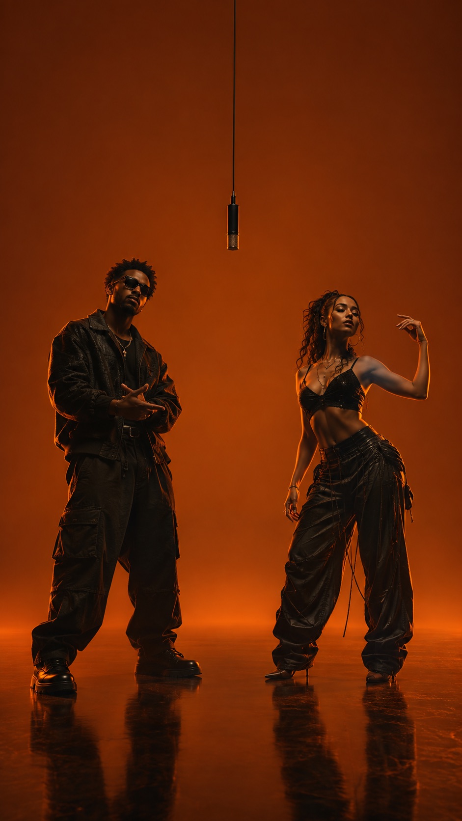 Original orange performance booth with two adult subjects and a hanging microphone
